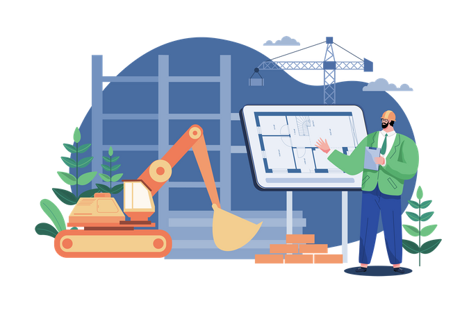 Promoteur immobilier vérifiant les travaux du bâtiment  Illustration