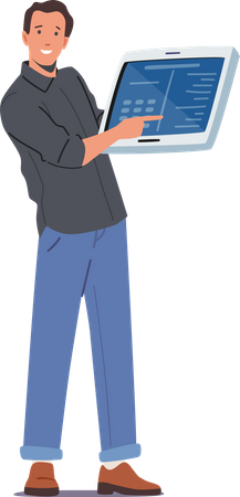 Promoteur pointant du doigt sur l'écran de l'appareil numérique  Illustration