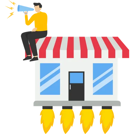 Promotion Concept To Increase Sales Businessman Promoting Her Shop With Flying Booster Rocket Encouraging Customers To Visit Storefront Or E Commerce Performance Advertising To Increase Profits Illustration