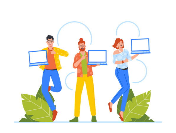 Promotores positivos apontam para tela vazia de laptops com local de publicidade em dispositivos modernos  Ilustração