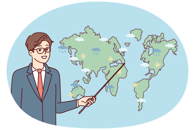 Pronosticador del tiempo masculino que muestra un mapa de predicción de precipitaciones en diferentes partes del mundo.  Ilustración