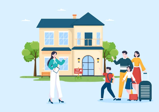 Property agent showing house to family  Illustration