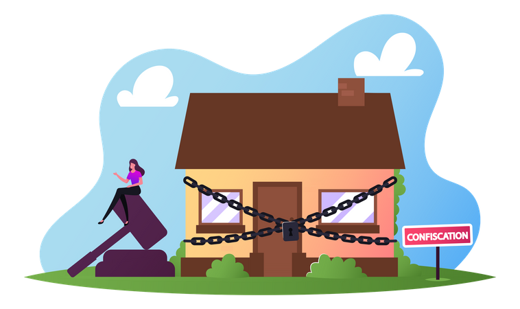 Property Confiscation, People Buying And Selling Confiscated Real Estate On Auction Concept. House Wrapped With Chain Illustration