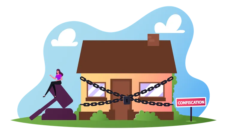 Property Confiscation, People Buying And Selling Confiscated Real Estate On Auction Concept. House Wrapped With Chain Illustration