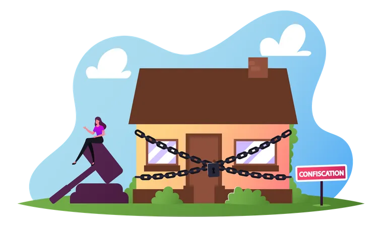 Property Confiscation, People Buying And Selling Confiscated Real Estate On Auction Concept. House Wrapped With Chain  Illustration