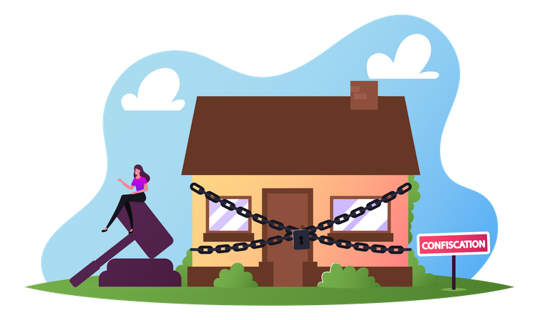 Property Confiscation, People Buying And Selling Confiscated Real Estate On Auction Concept. House Wrapped With Chain  イラスト