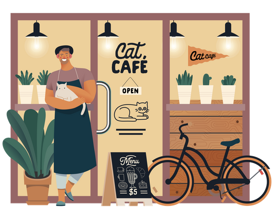 Dueño del café Cat parado afuera  Ilustración