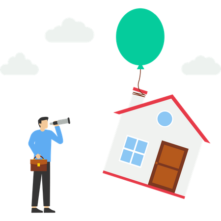 Propietario de casa con telescopio en casa volando en globo,  Ilustración
