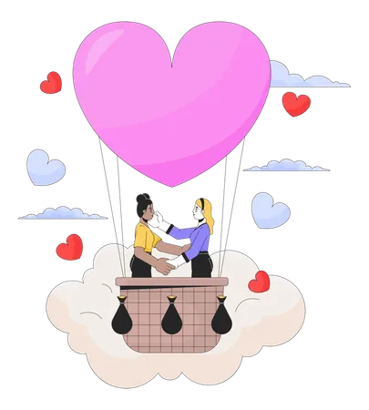 Proposing In Hot Air Ballooning 2 D Linear Illustration Concept Lesbian Couple Interracial Cartoon Characters Isolated On White Honeymoon Celebration Metaphor Abstract Flat Vector Outline Graphic Illustration