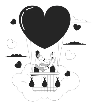 Proposing In Hot Air Ballooning Black And White 2 D Illustration Concept Lesbian Couple Interracial Cartoon Outline Characters Isolated On White Honeymoon Celebration Metaphor Monochrome Vector Art Illustration