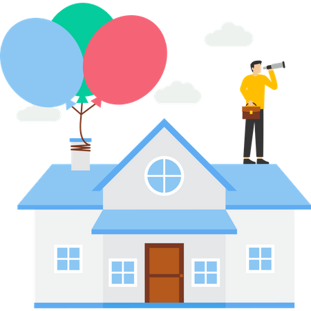 Propriétaire avec télescope à la maison volant sur un ballon  Illustration