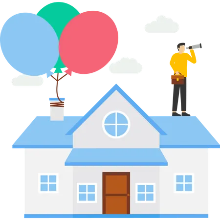 Propriétaire avec télescope à la maison volant sur un ballon  Illustration