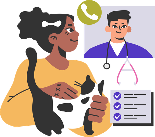 Propriétaire d'un animal de compagnie ayant un appel vidéo avec un spécialiste de la clinique médicale pour un bilan de santé du chat  Illustration