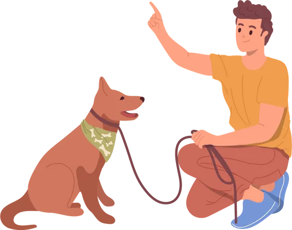 Propriétaire d'animal enseignant un nouveau commandement à un chien aimant pendant une promenade à l'extérieur  Illustration