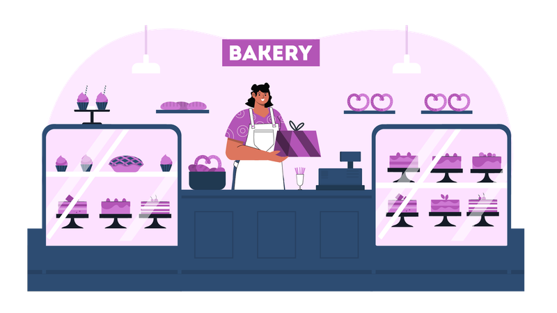 Propriétaire de boulangerie tenant une boîte à gâteaux  Illustration