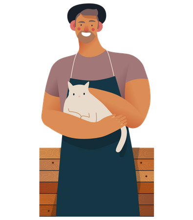 Propriétaire de café tenant un chat à la main  Illustration