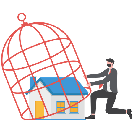 Homme d'affaires propriétaire de maison inquiet debout avec sa maison à l'intérieur d'une cage à oiseaux verrouillée  Illustration