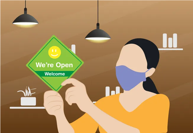 Propriétaire d'entreprise portant un masque protecteur et une pancarte ouverte suspendue dans son restaurant  Illustration