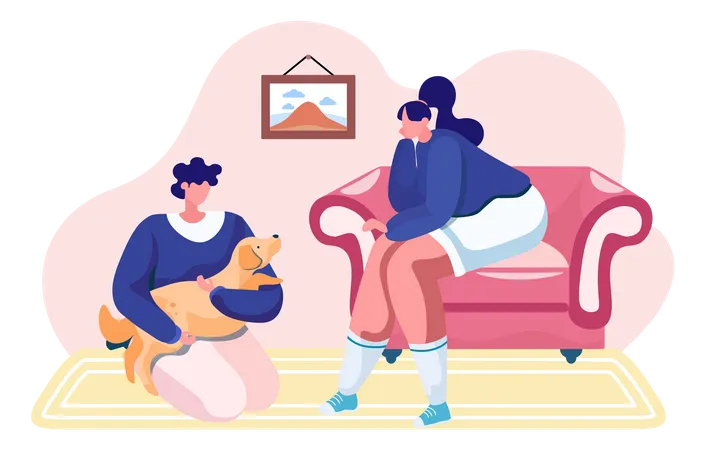 Propriétaires d'animaux assis avec un chien  Illustration