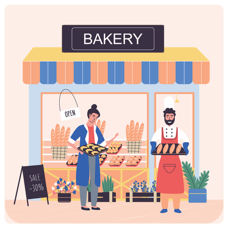 Propriétaires de boulangerie détenant des biscuits et du pain  Illustration