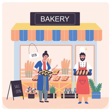 Propriétaires de boulangerie détenant des biscuits et du pain  Illustration