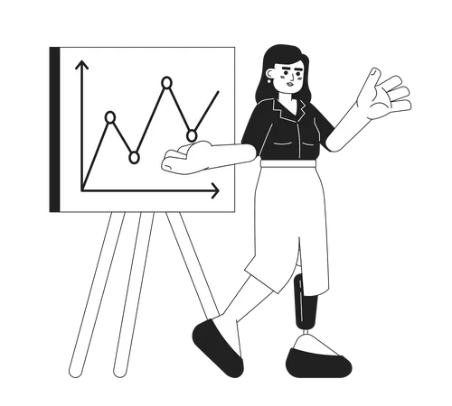 Prosthesis Leg Woman With Presentation Whiteboard Black And White 2 D Cartoon Character Disabled Female Office Worker Showing Chart Isolated Vector Outline Person Monochromatic Flat Spot Illustration Illustration