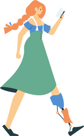 Prosthesis woman walks with phone Illustration