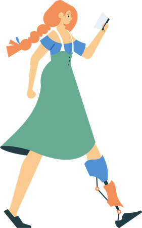 Prosthesis woman walks with phone  Illustration