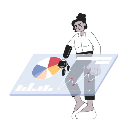 Prosthetic arm woman touching analytics dashboard  Illustration