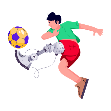 Prosthetic boy with bionic leg playing football  Illustration