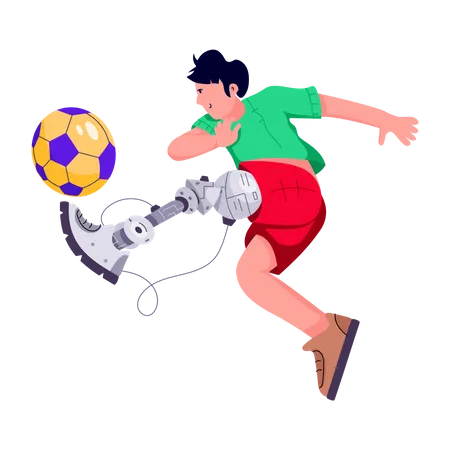 Prosthetic boy with bionic leg playing football  Illustration