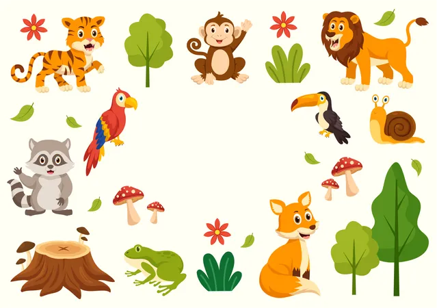 Ilustracion Vectorial Del Dia Mundial De Los Animales Con Varios Animales O Vida Silvestre Para La Proteccion Del Habitat Y El Bosque En Plantillas De Fondo De Dibujos Animados Planos Ilustración
