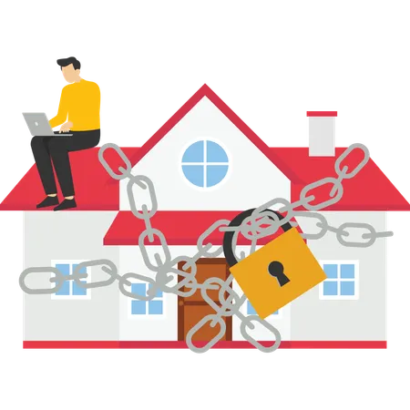 Protect Home And Property Man And House Locked With Padlock Illustration