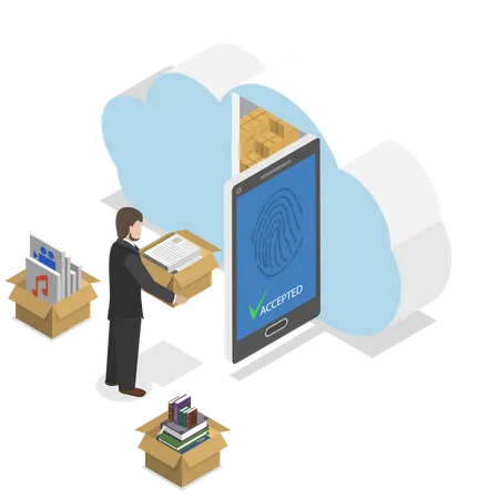 Protected Cloud Storage Flat Isometric Vector Concept Man Places His Data To Protected Cloud Storage Via Smartphone Or Tablet Illustration