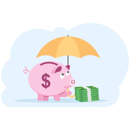 Yellow Umbrella To Protecting Piggy Bank And Money Flat Vector Illustration Illustration