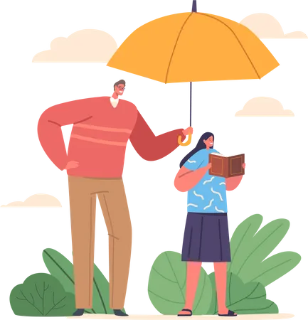 Protective Family Umbrella Father Holds An Umbrella Over His Little Daughter Reading A Book Symbolizing The Concept Of Family Unity And Safeguarding Their Loved Ones Cartoon Vector Illustration Illustration