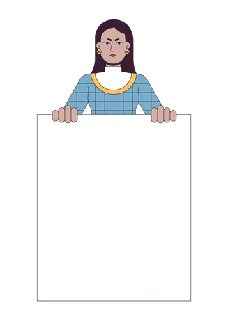 Protest Marching Flat Line Color Vector Character Sad Woman Holding Blank Slogan Editable Outline Half Body Person On White Simple Cartoon Spot Illustration For Web Graphic Design Illustration
