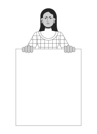 Protest Marching Flat Line Black White Vector Character Sad Woman Holding Blank Slogan Editable Outline Half Body Person Simple Cartoon Isolated Spot Illustration For Web Graphic Design Illustration
