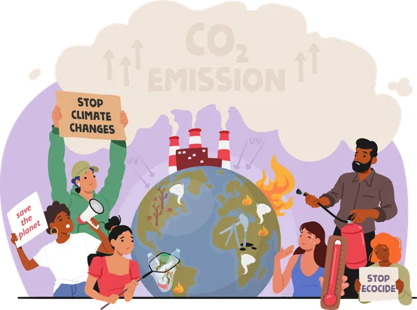 Protestando contra as mudanças climáticas devido à queima de combustíveis fósseis e ao desmatamento  Ilustração