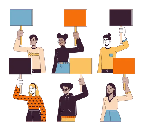 Protesters Holding Blank Poster Flat Line Color Vector Characters Set Standing For Rights Editable Outline Full Body Person On White Protest Simple Cartoon Spot Illustration For Web Graphic Design イラスト
