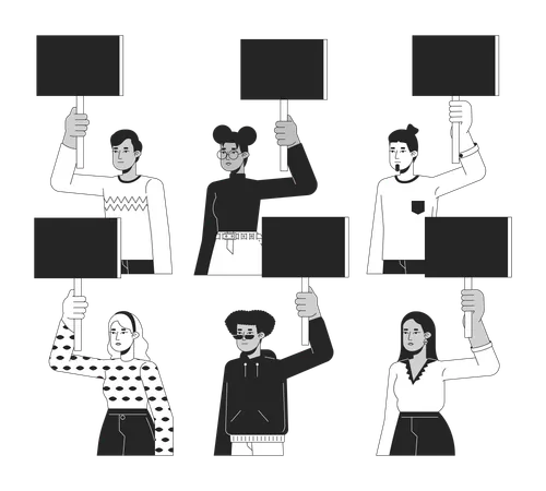 Protesters Holding Blank Poster Flat Line Black White Vector Characters Set Human Rights Editable Outline Full Body Person Protest Simple Cartoon Isolated Spot Illustration For Web Graphic Design イラスト