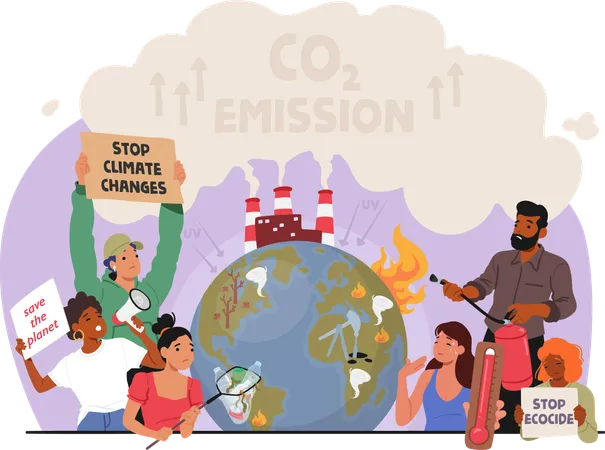 Characters Protesting Against Climate Change Due To Burning Fossil Fuels And Deforestation Leading To Global Warming And Environmental Disruptions Cartoon People Vector Illustration V 일러스트레이션