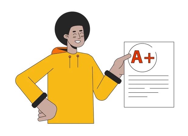 Proud African American Student Flat Line Color Vector Character Editable Outline Half Body Schoolboy Shows Blank With Mark On White Simple Cartoon Spot Illustration For Web Graphic Design Illustration