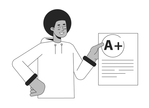 Proud African American Student Flat Line Black White Vector Character Editable Outline Half Body Schoolboy Shows Blank With Mark On White Simple Cartoon Spot Illustration For Web Graphic Design Illustration