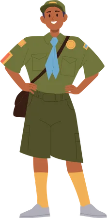 Proud Brave Happy Boy Scout Cartoon Character Wearing Uniform Standing Isolated On White Background Vector Illustration Of Schoolboy Young Explorer Taking Part In Travel Expedition And Camp Journey Illustration