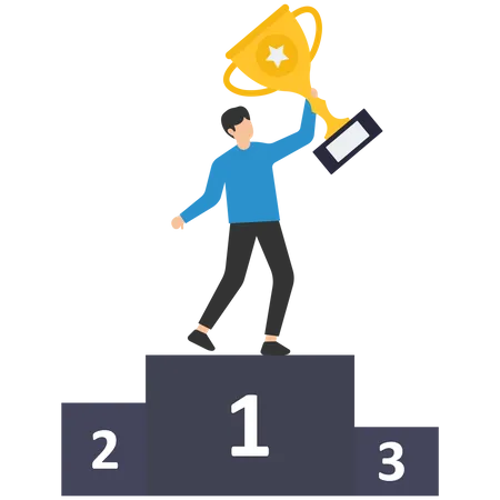 Proud Businessman Holding Winner Trophy On First Place Podium Illustration