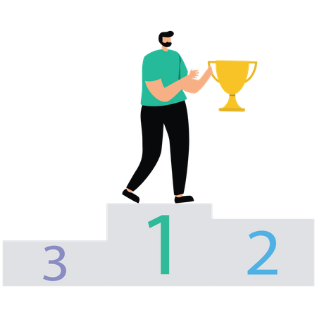 Proud Businessman Holding Winner Trophy On First Place Podium  Illustration