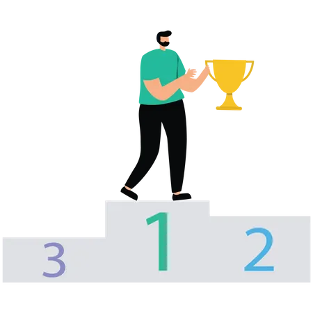 Proud Businessman Holding Winner Trophy On First Place Podium  Illustration