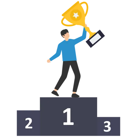 Proud Businessman Holding Winner Trophy On First Place Podium  Illustration