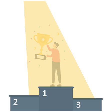 Proud businessman holding winner trophy on first place podium with spotlight  Illustration